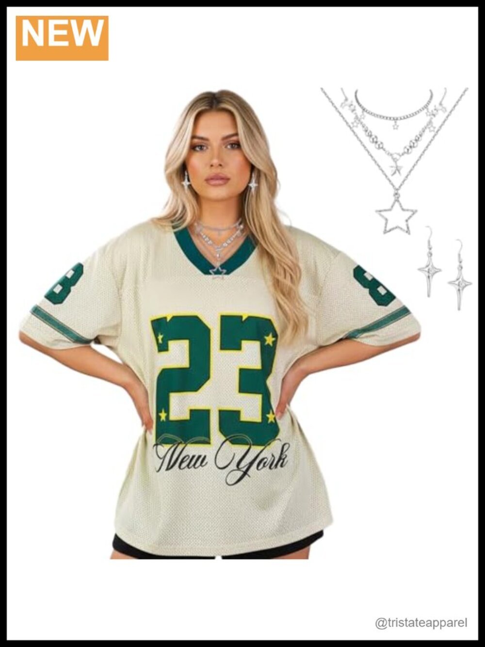 Polyester Oversized V-Neck Graphic Tee with Necklace and Earrings Set
